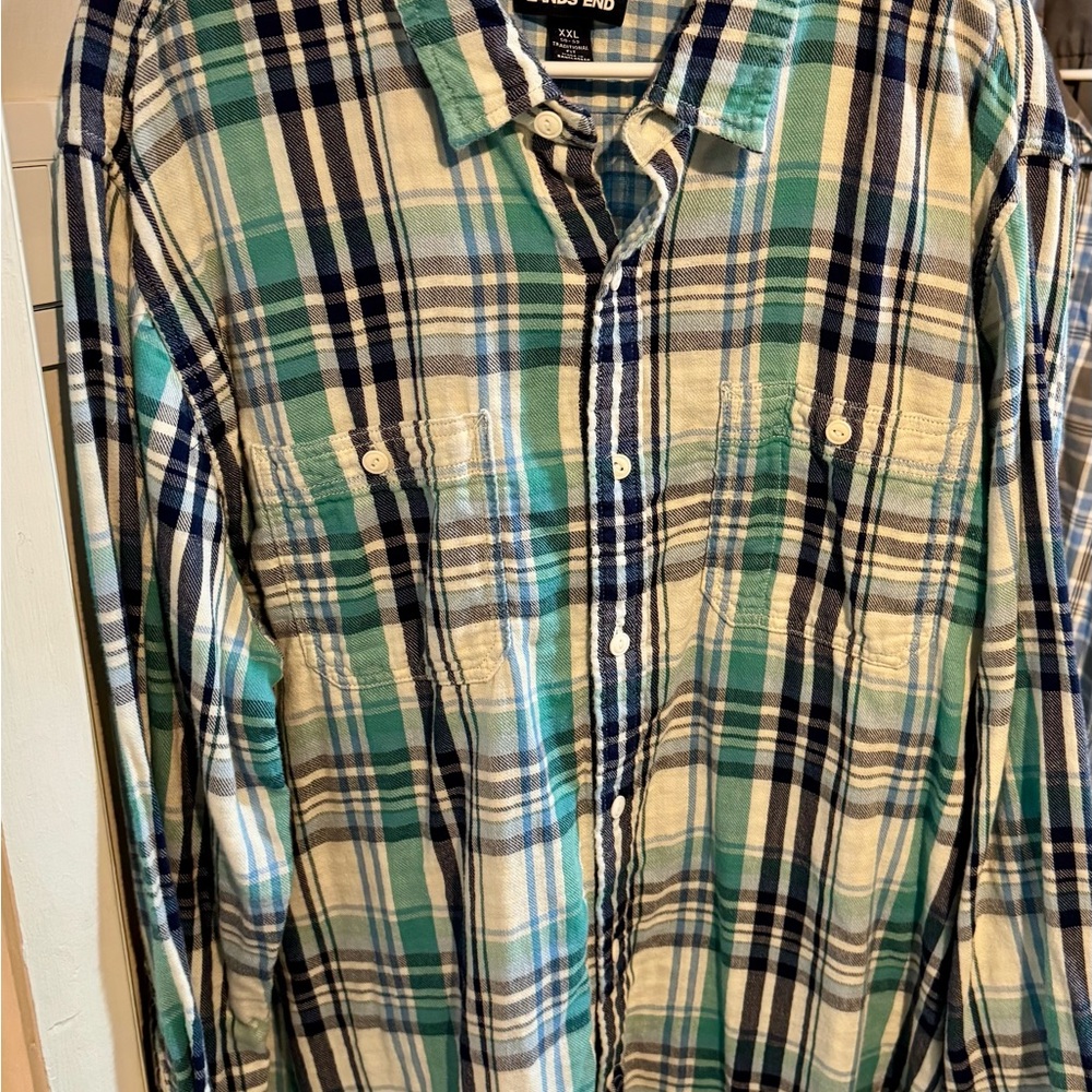 Lands' End Teal and Navy Plaid, Lined, Flannel Shirt